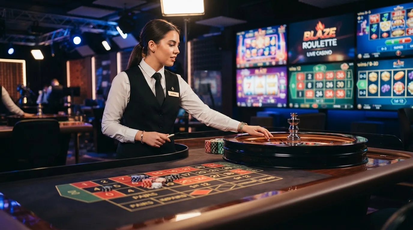 Een live-dealerstudio met een croupier achter een roulettetafel, camerastandpunt van de speler, met op de achtergrond schermen met slot-animaties