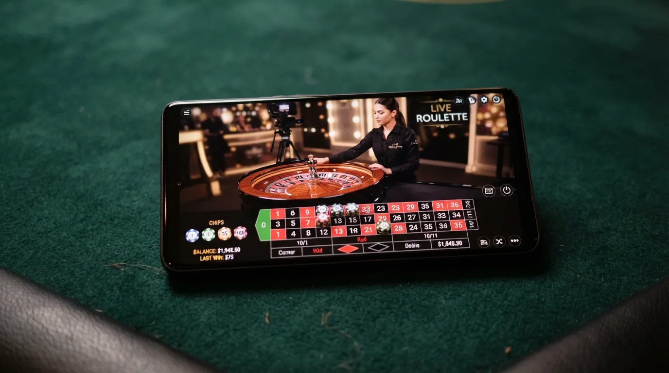 Een smartphone in landschapsmodus toont een live roulette-tafel met een echte dealer, met de inzetopties zichtbaar op het touchscreen.