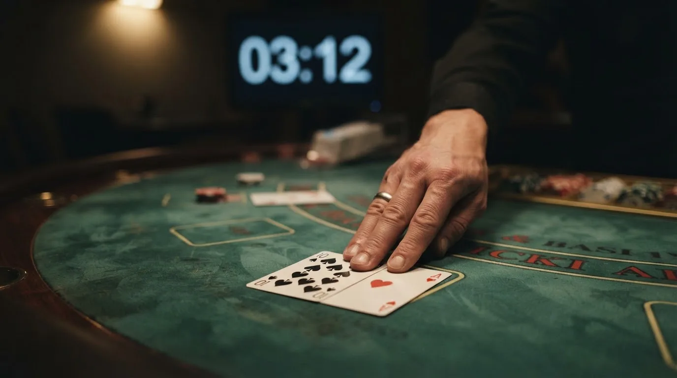 Een close-up van een live blackjack-tafel met een Nederlandstalige dealer in actie, studioverlichting weerkaatst op de kaarten, de klok op de achtergrond geeft 03:12 aan