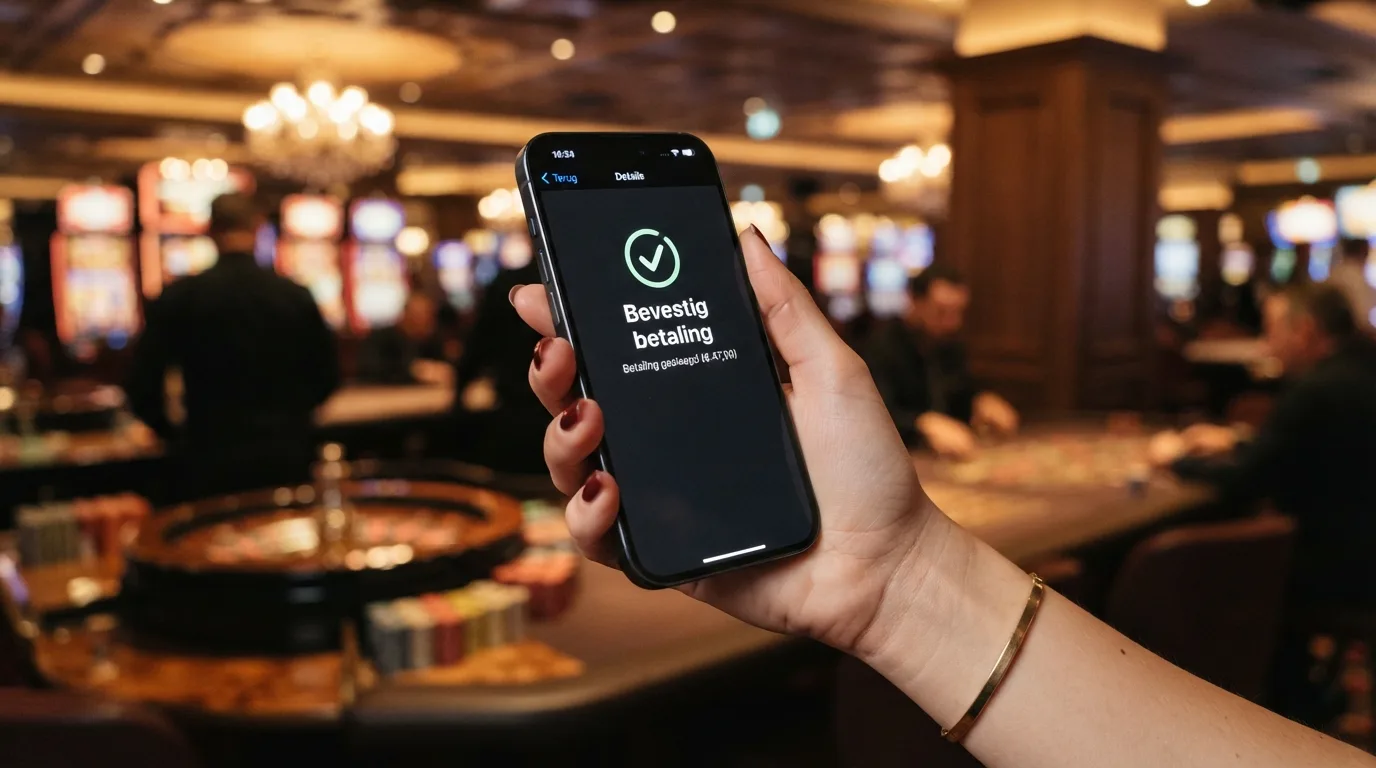 Het stappenplan van een Mastercard-storting in een online casino, met een 3D Secure-bevestiging op een telefoon