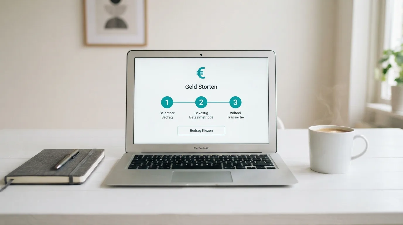 Een laptopscherm met de MiFinity-stortingsinterface, de stappen van wallet naar casino visueel weergegeven