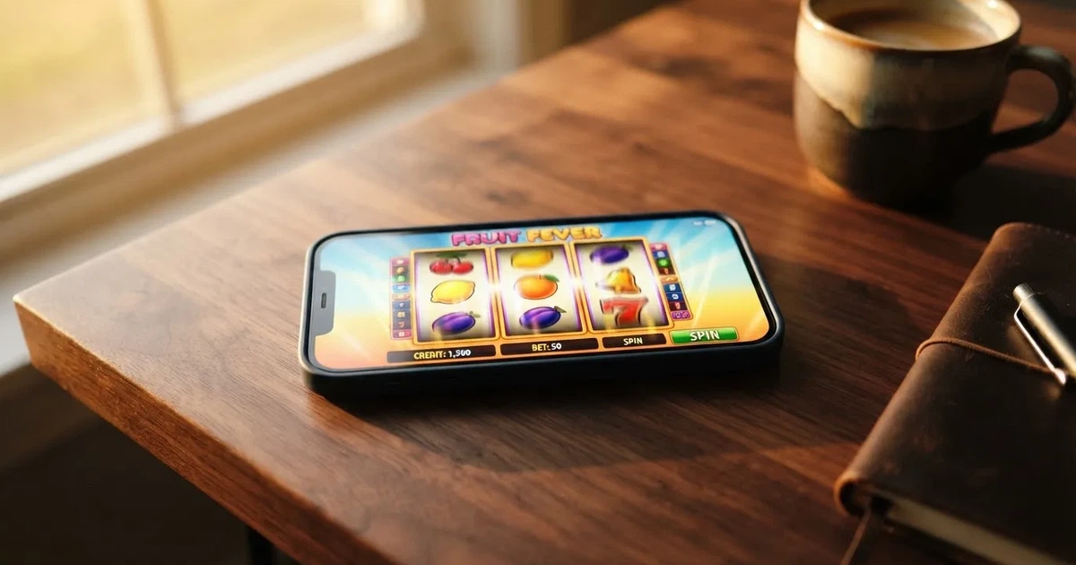 Een smartphone met een geopende casino-app op het heldere startscreen