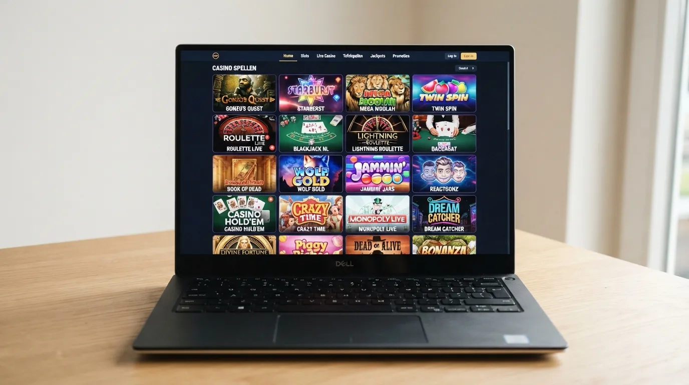 Een schermopname van een Nederlands online casino met slots, live roulette en een blackjacktafel in tegels naast elkaar