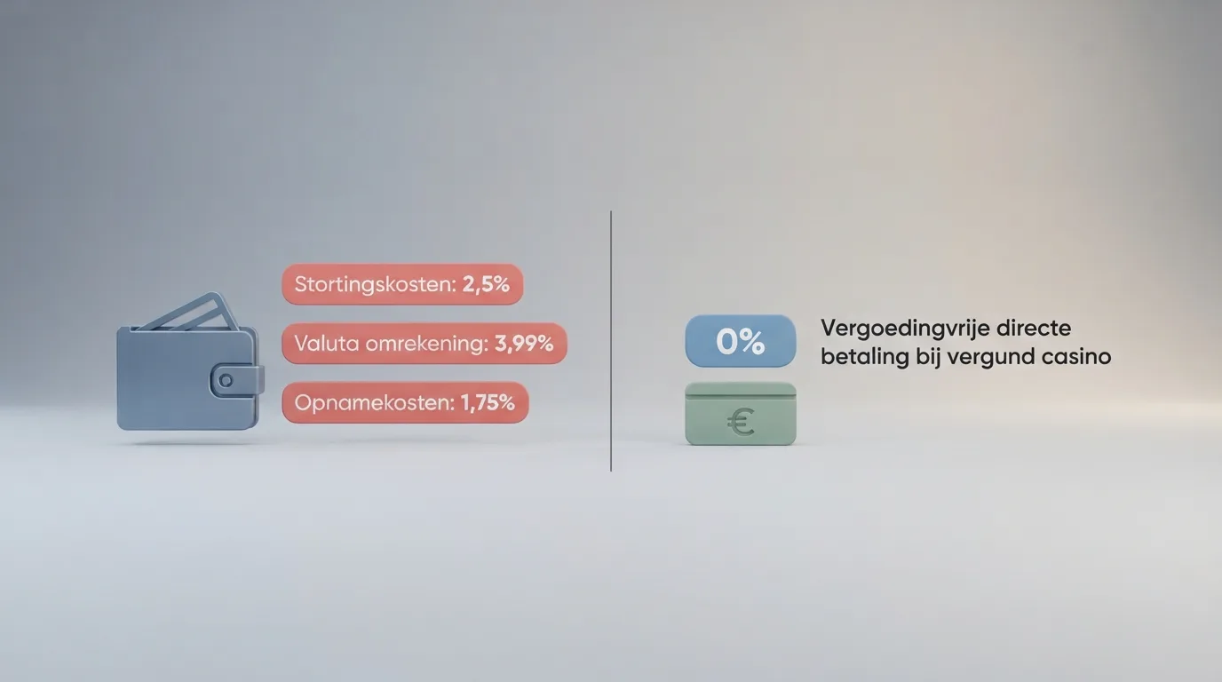Twee naast elkaar geplaatste betaalroutes: links een Neteller-wallet met percentages, rechts een iDEAL-betaling zonder toeslagen
