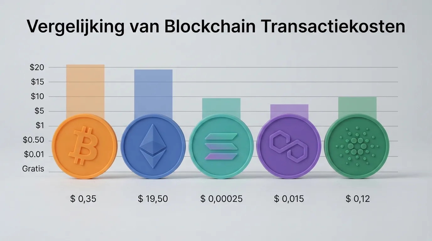 Een vergelijkend overzicht van blockchains met muntlogo's en kostenbedragen in dollars