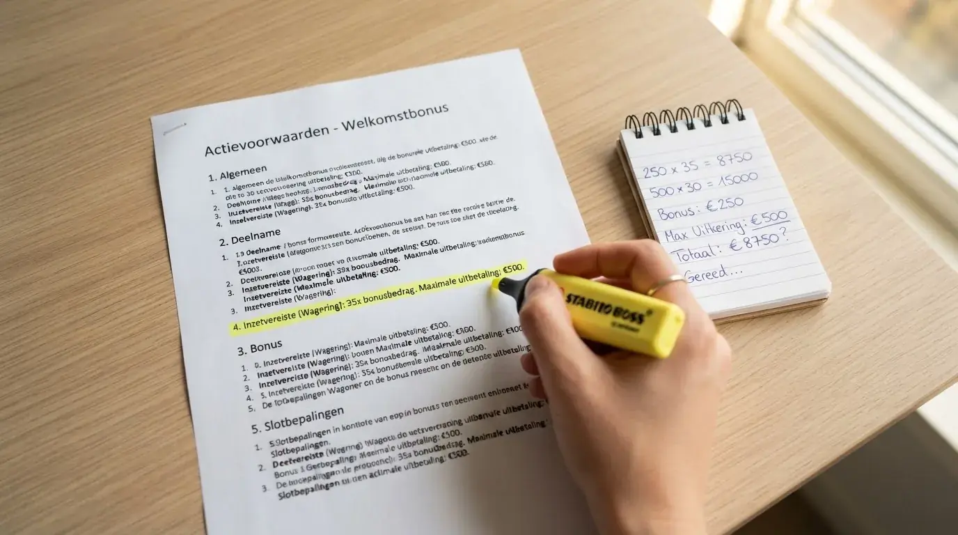 Een close-up van bonusvoorwaarden met een markeerstift over de rondspeelvoorwaarde en maximale uitbetaling, met een rekenmachine ernaast
