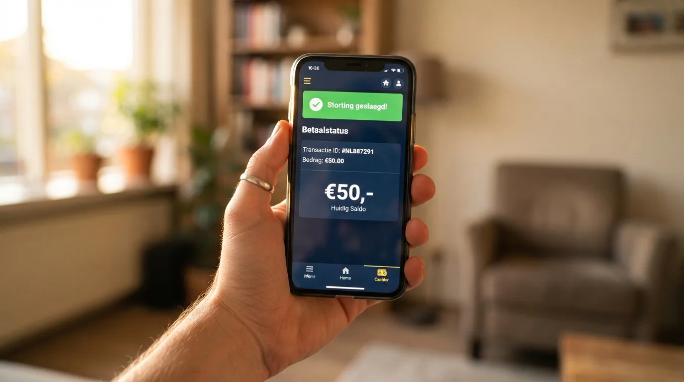 Smartphone met een bevestigde NodaPay-storting in een online casino-kassa