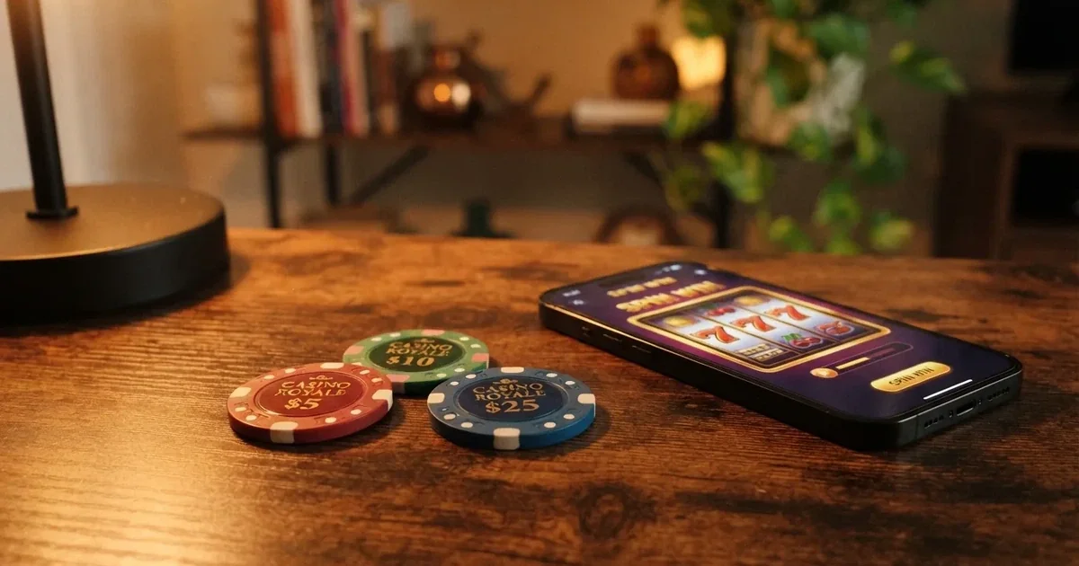 Speelchips en een smartphone waarop een online casino openstaat