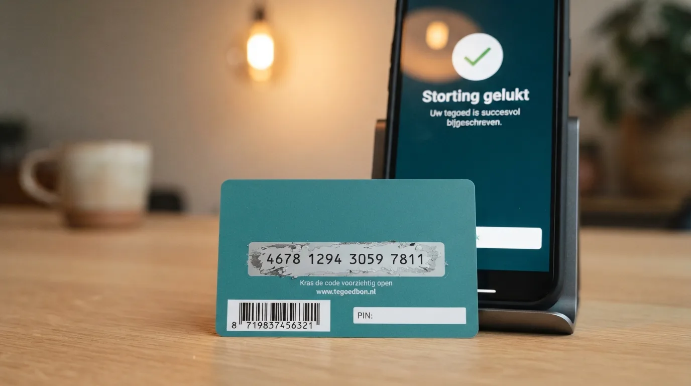 Close-up van een Paysafecard met 16-cijferige pincode en een casino-stortingsscherm op de achtergrond, met de bevestiging 'storting gelukt'