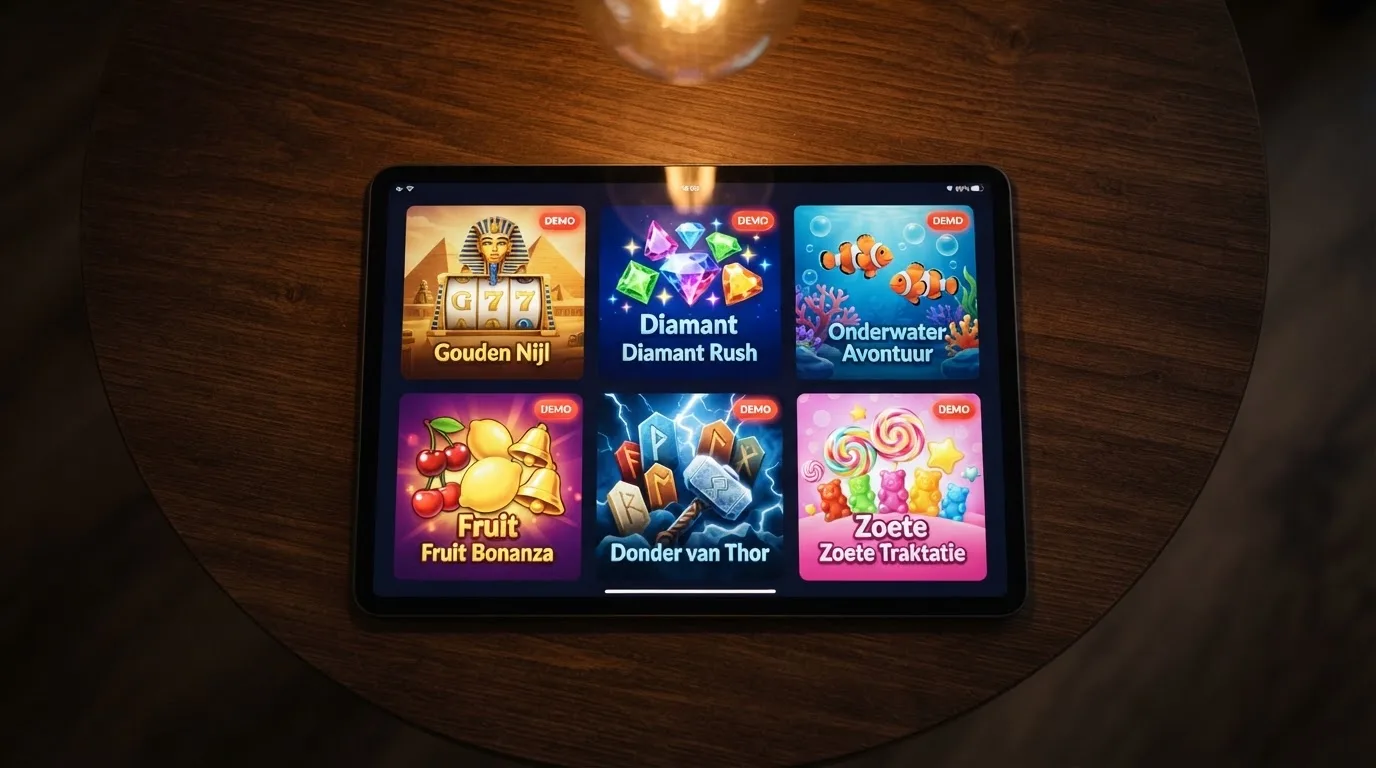 Speltegels van populaire demo slots als Book of Dead en Starburst op een scherm