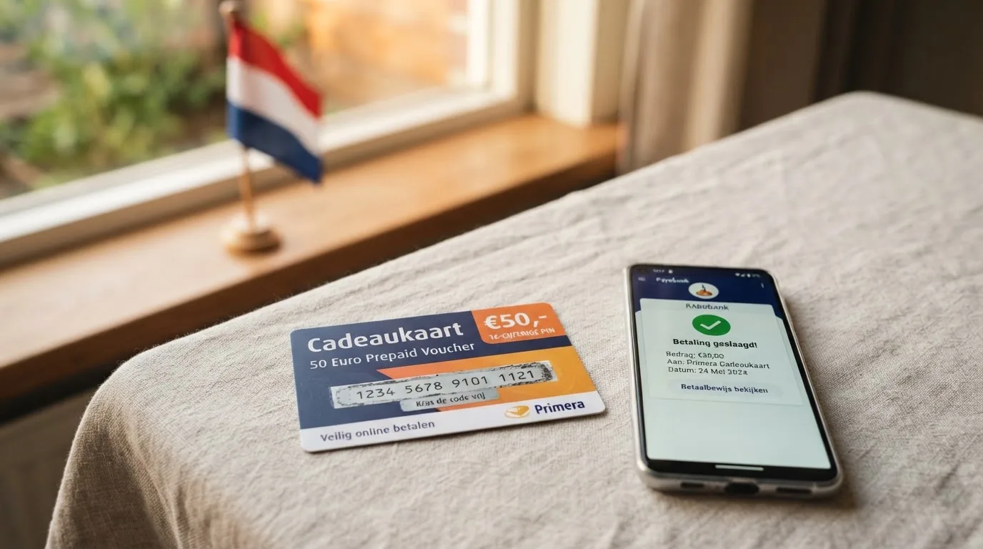 Een Paysafecard-voucher met 16-cijferige pincode naast een smartphone met het iDEAL-betaalscherm, met de Nederlandse vlag op de achtergrond