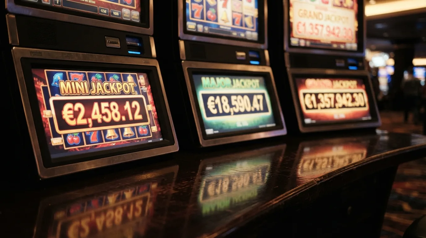 Verschillende jackpot-gokkasten met oplopende potten naast elkaar
