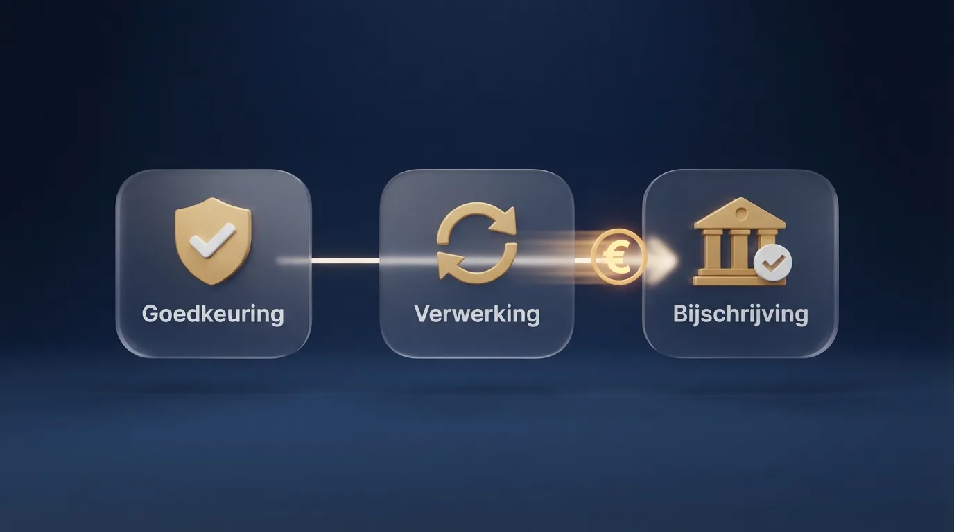 Een visuele tijdlijn van een SEPA Instant-bankoverschrijving van een online casino naar de bankrekening van een speler, met de stappen goedkeuring, verwerking en bijschrijving