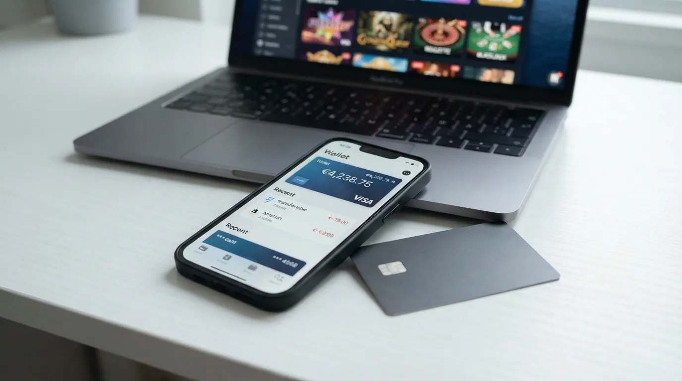 Close-up van een smartphone met de MuchBetter-app waarop het saldo zichtbaar is naast een fysieke MuchBetter Mastercard, met op de achtergrond een laptop met een Nederlands online casino.