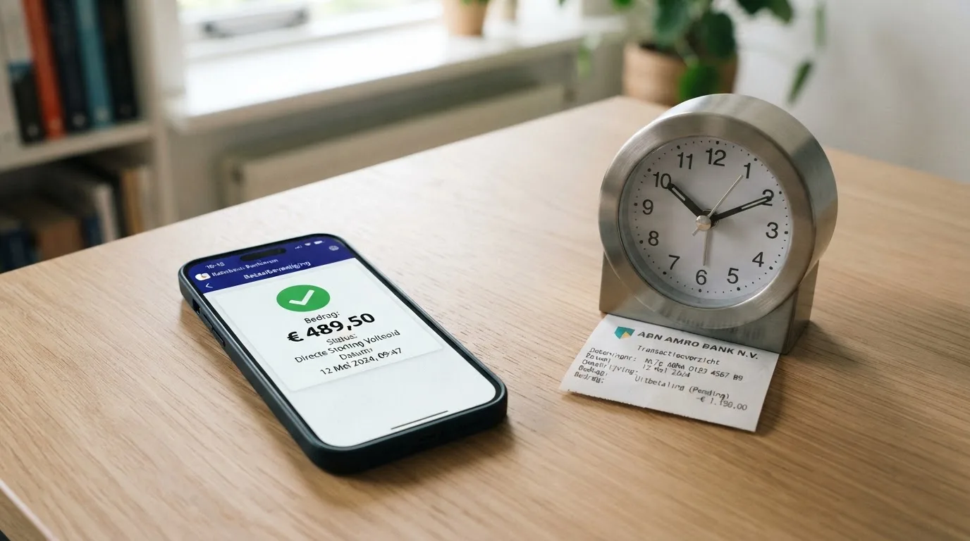 Een split-screen: links een smartphone die een iDEAL-storting bevestigt (direct, groen vinkje), rechts een klok die een uitbetaling symboliseert (tijd, bankoverschrijving).