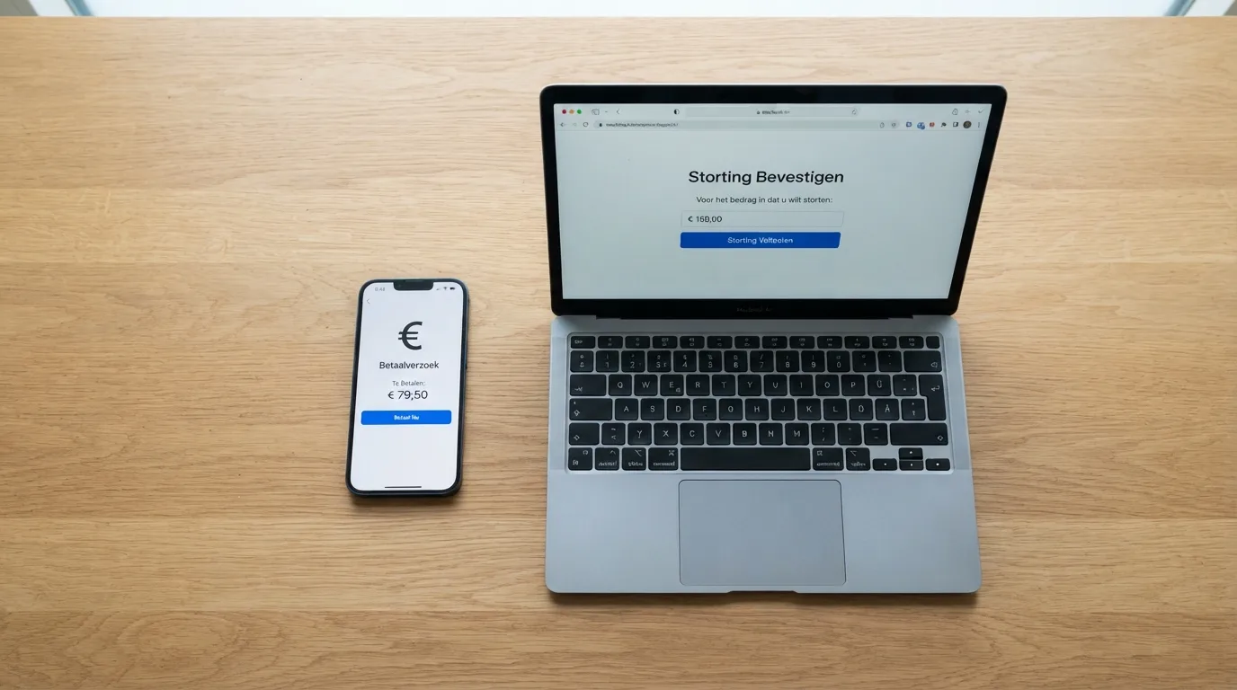 Mobiele telefoon met een betaalscherm naast een computerscherm met een casino-stortingspagina