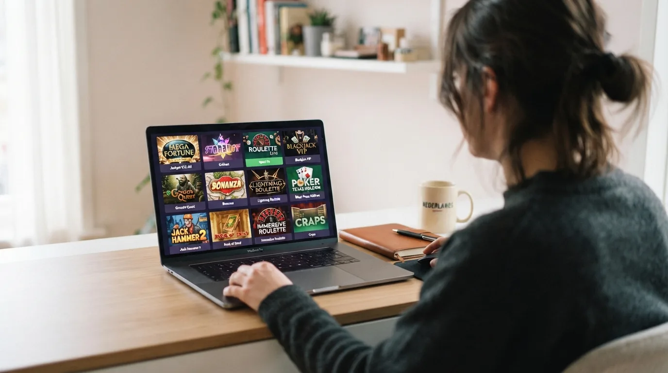 Vergelijkingstabel op een laptopscherm met casinonamen, vergunningnummers en betaalmethoden