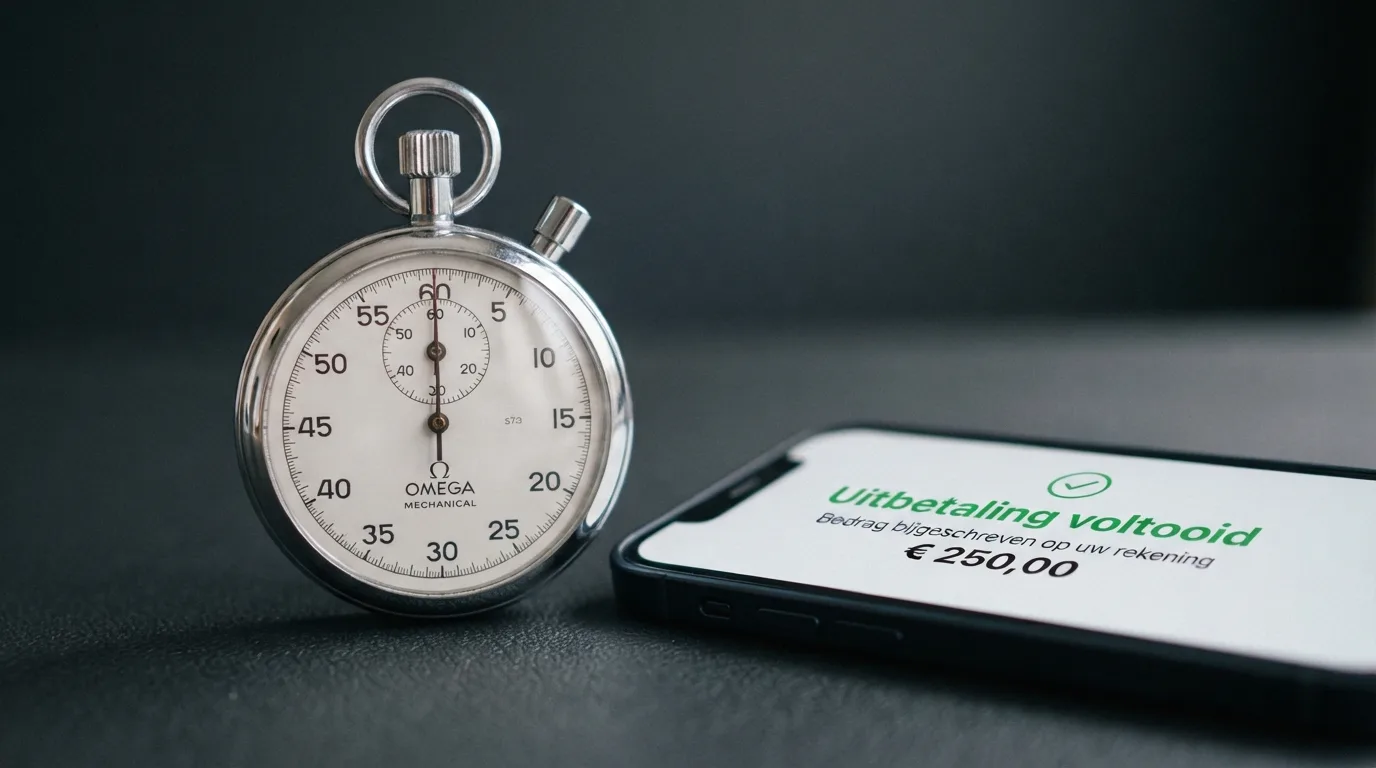 Een stopwatch naast bank-apps van verschillende Nederlandse online casino's met hun uitbetalingstijden