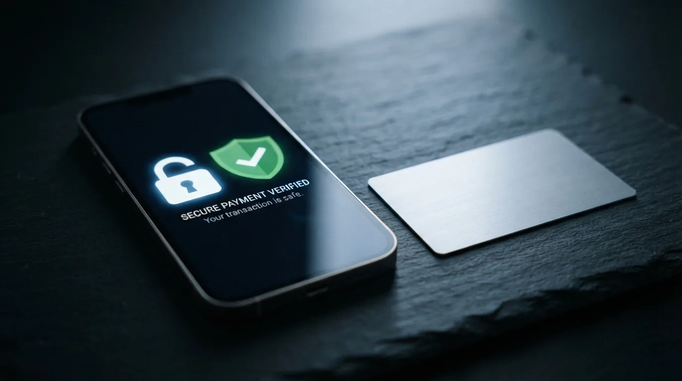 Een slotje en het KSA-logo op een smartphonescherm, met een creditcard ernaast, tegen een donkere achtergrond