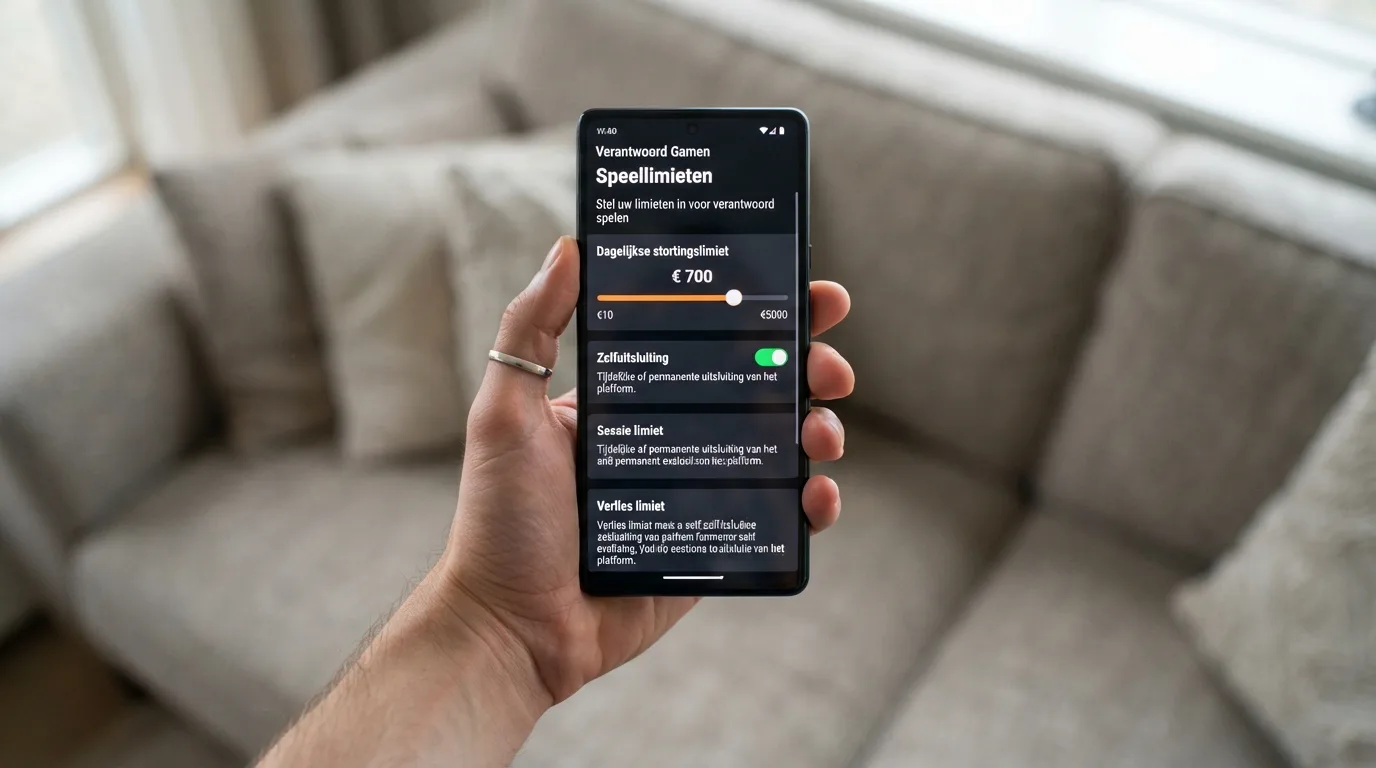 Een smartphone die de Cruks-registratiepagina toont met een stortingslimiet-instelling ernaast