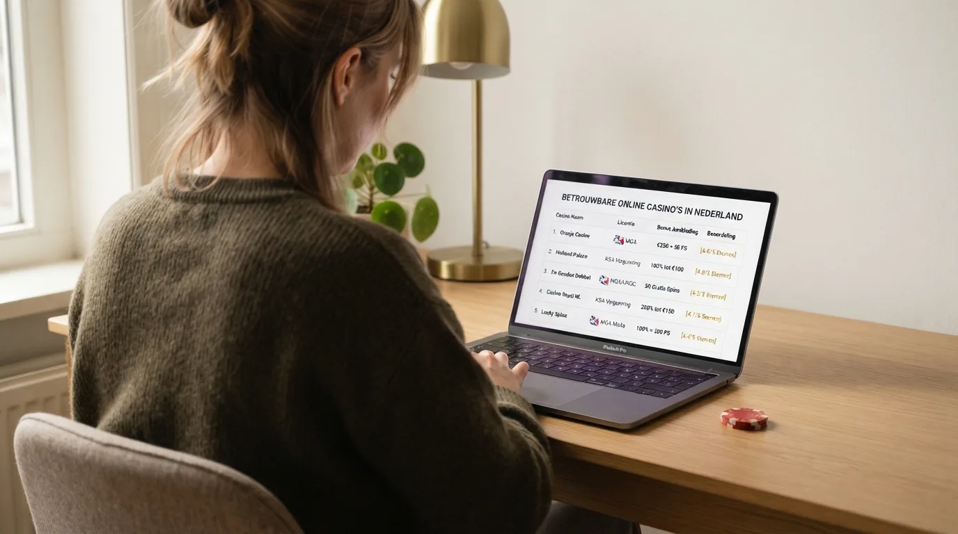 Een vergelijkingstabel met casino's, vergunningen en bonusvoorwaarden op een laptopscherm