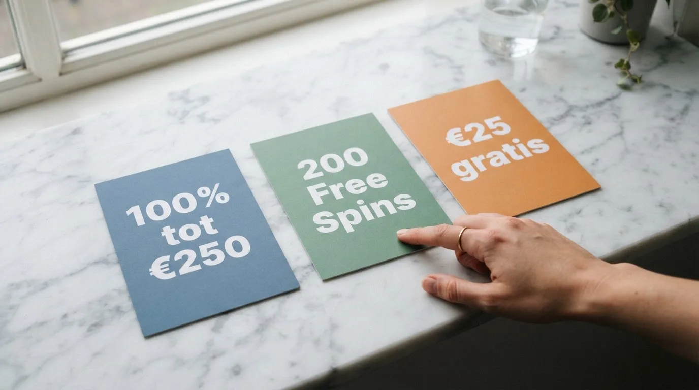 Drie welkomstbonus-aanbiedingen van Nederlandse goksites naast elkaar — een met “100% tot €250”, een met “200 Free Spins” en een met “€25 gratis”.